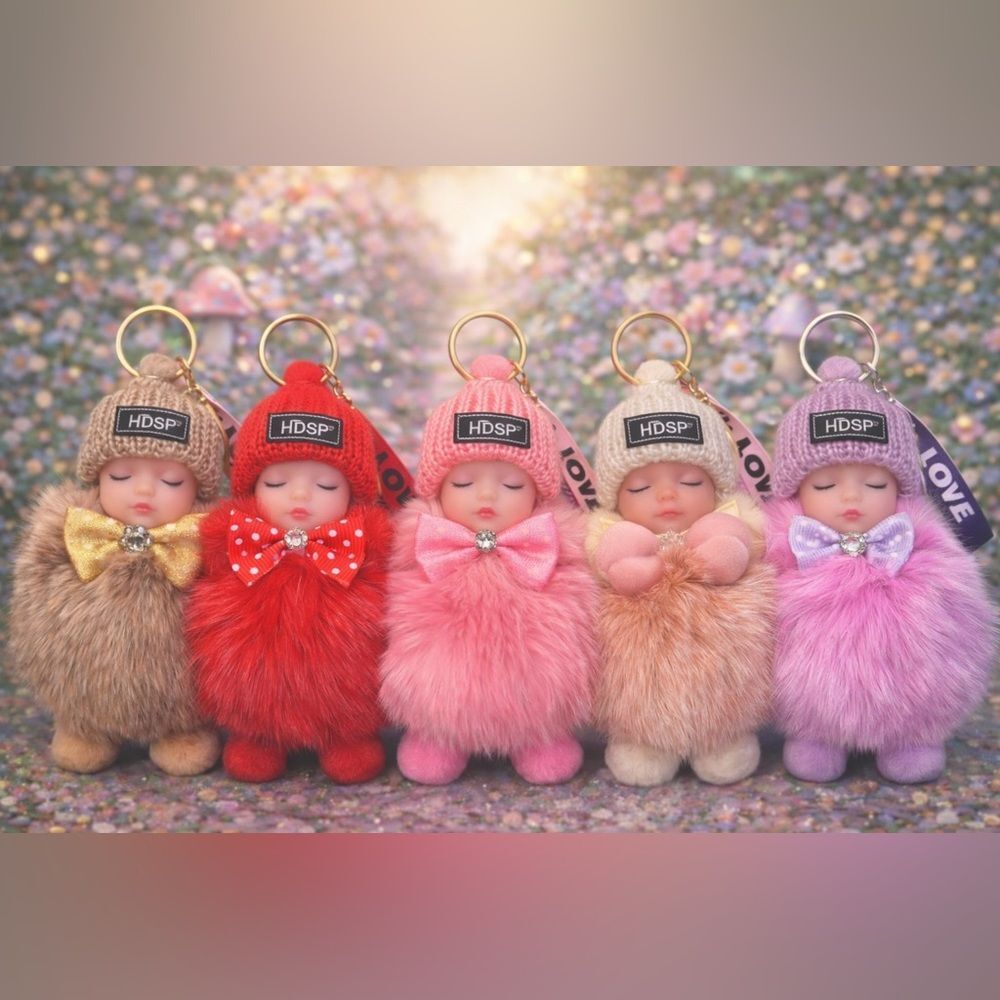 Plush Baby Doll Keychain - Ivory Faux Fur Key
